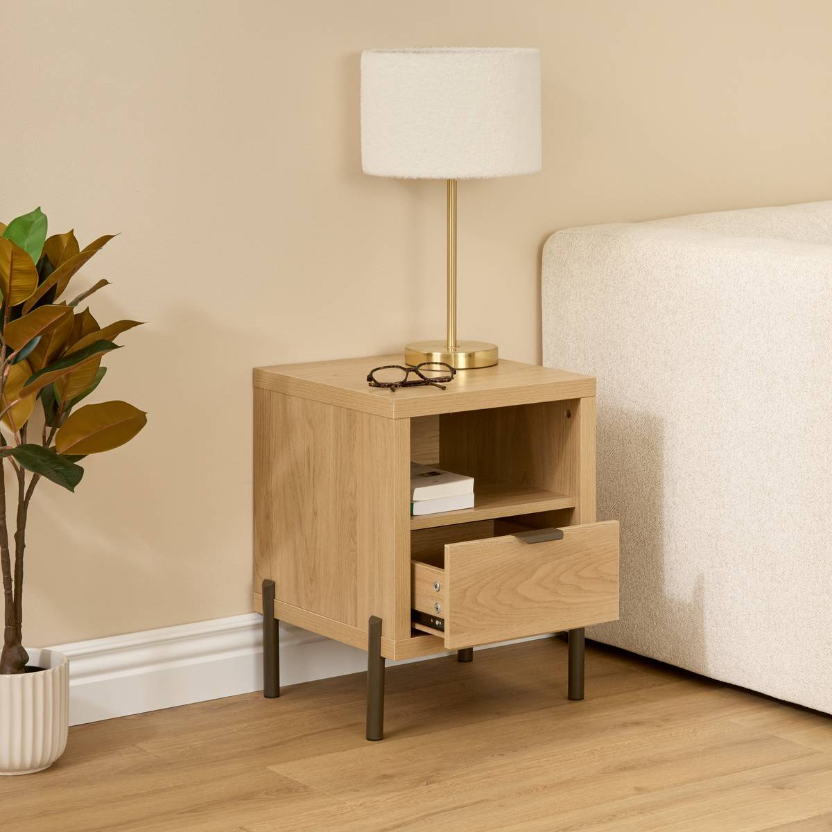 Table de chevet 1 porte, 40,5x39,5 cm, beige Alvo