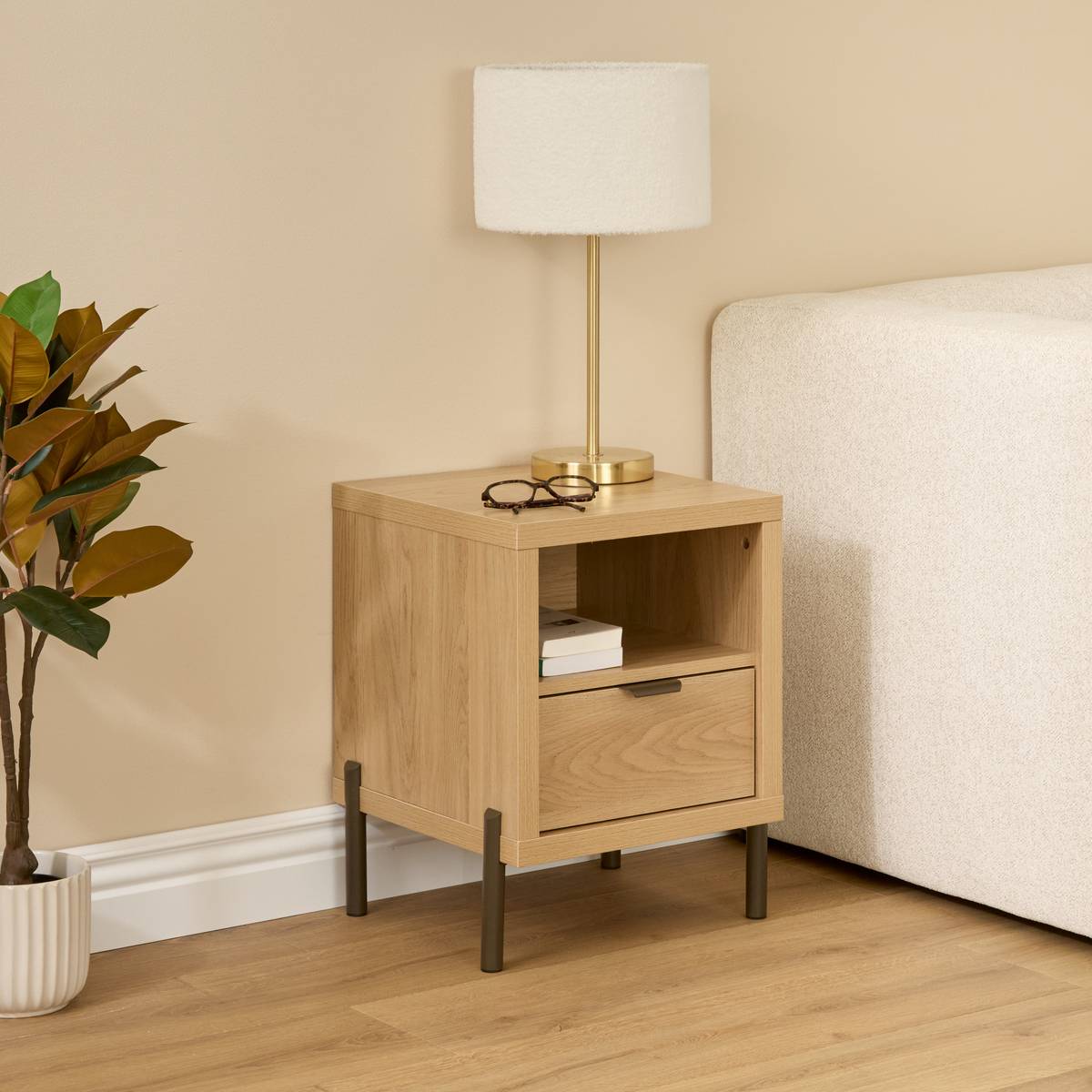 Table de chevet 1 porte, 40,5x39,5 cm, beige Alvo