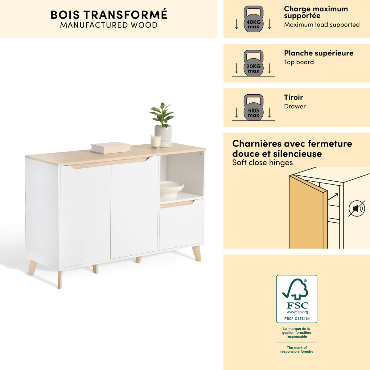 Buffet 3 portes, 120x40 cm, blanc