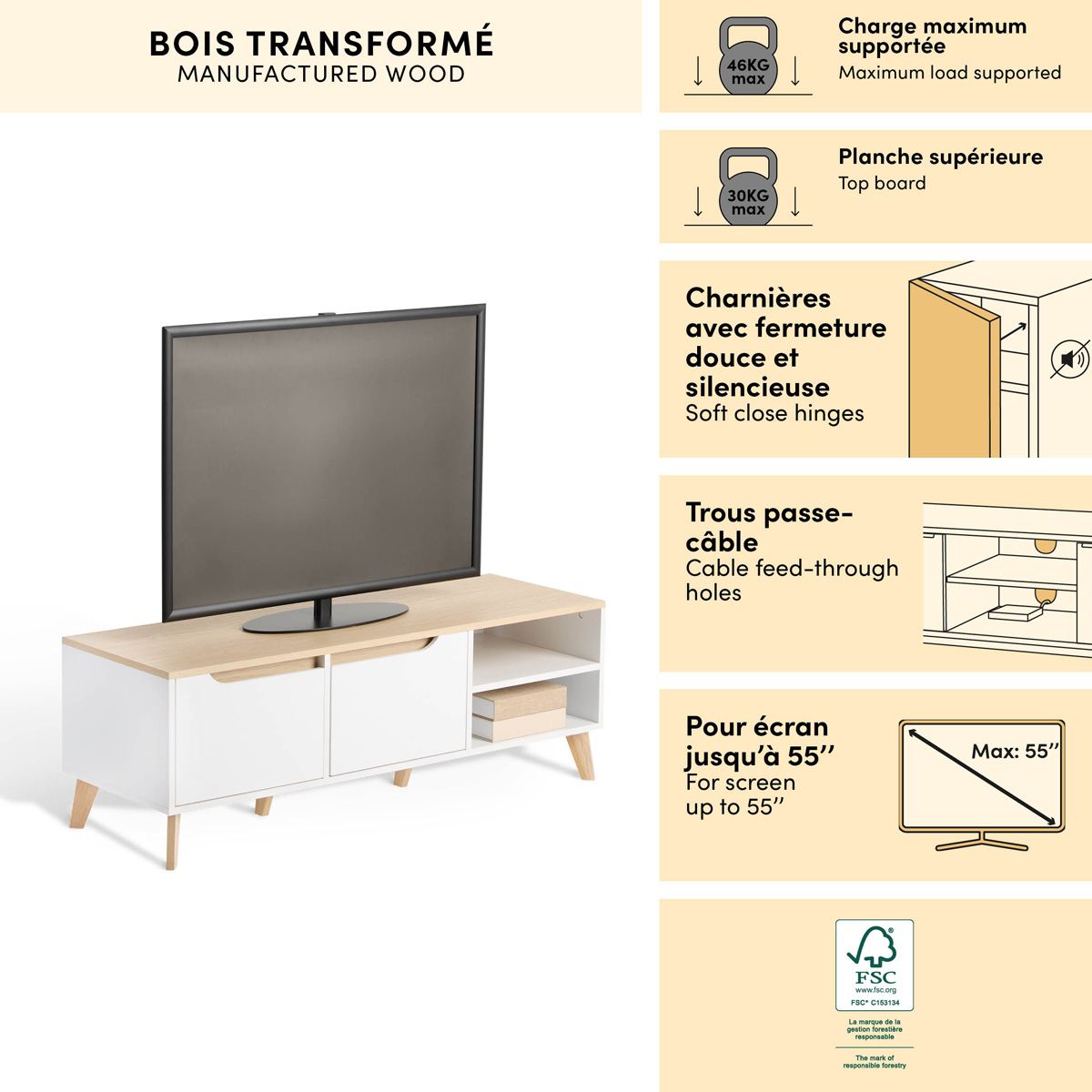 Meuble tv 2 portes, 120x40 cm, blanc Luma