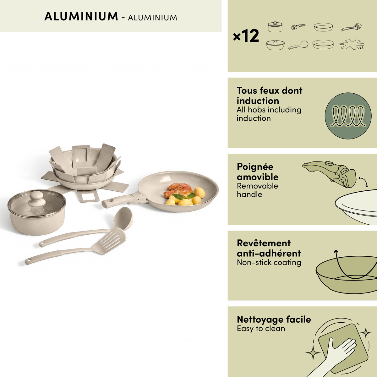 Batterie de cuisine, 12 pièces, beige