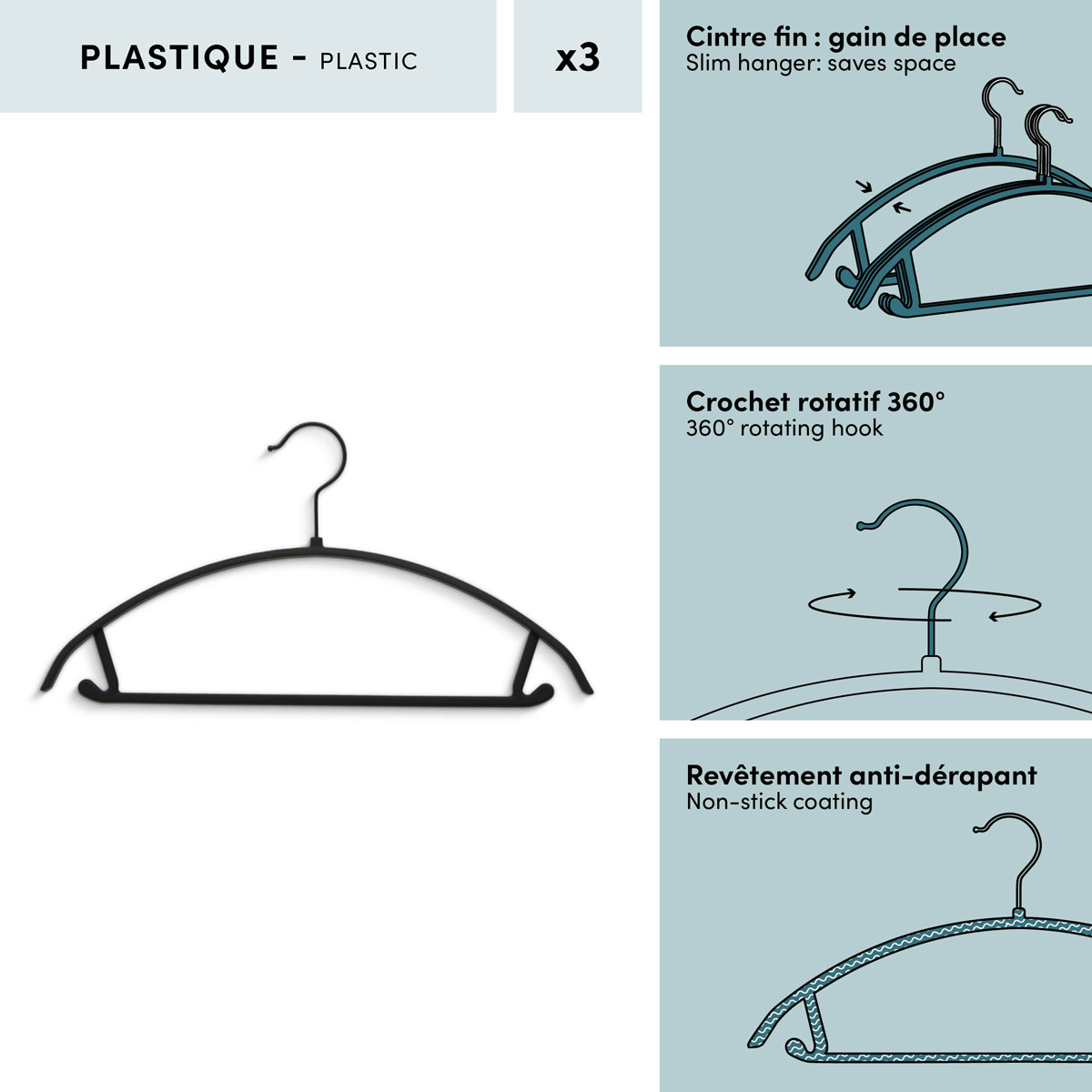 Lot de 3 cintres, l.41 cm, noir Hang'up