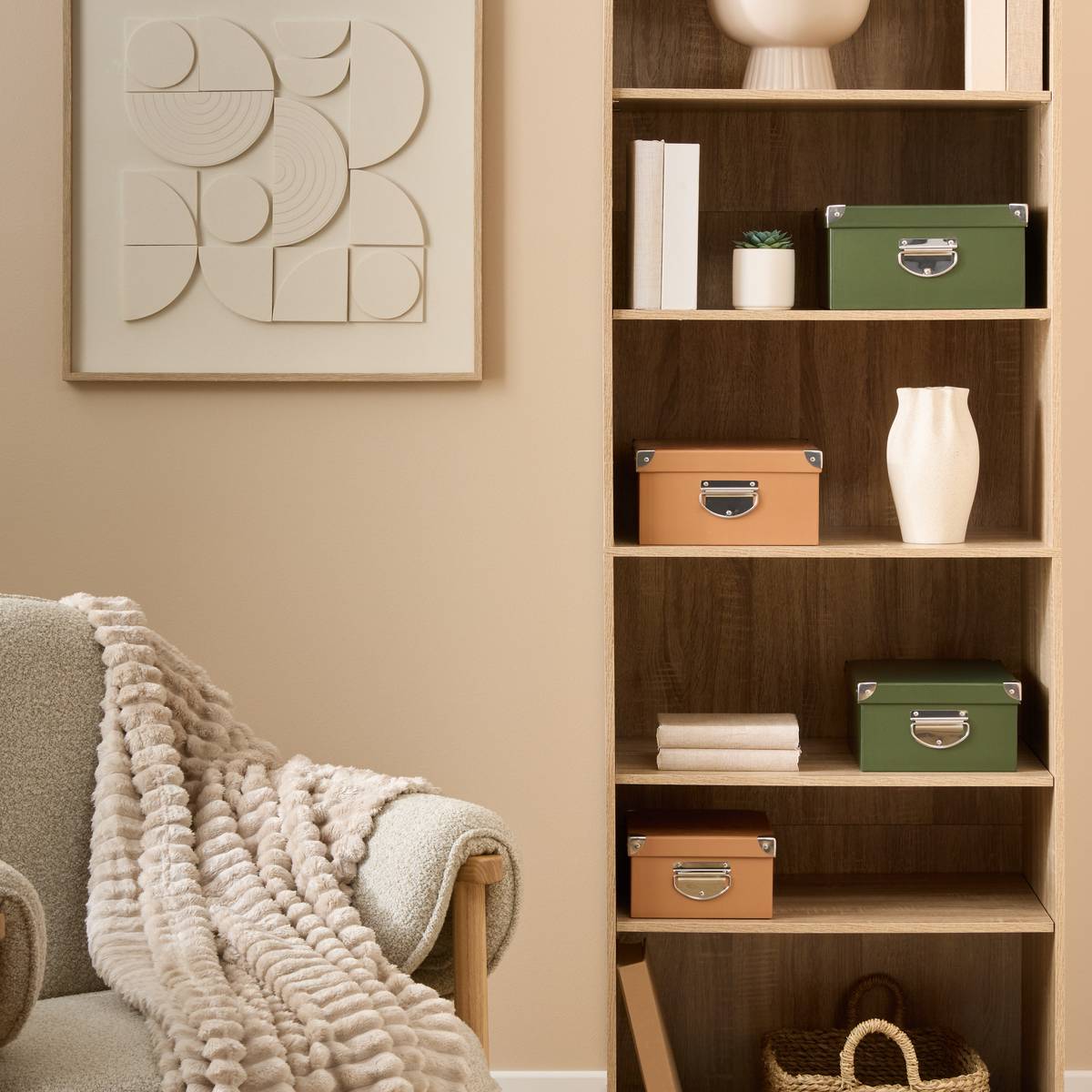 Lot de 4 boîtes de rangement, vert kaki et orange
