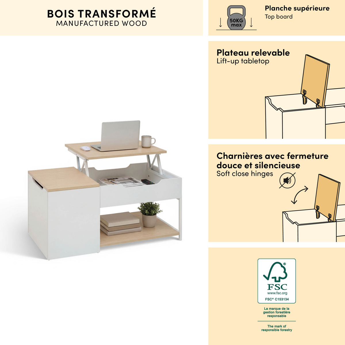 Table basse 1 tiroir 1 porte, 90x50 cm, blanc Luma