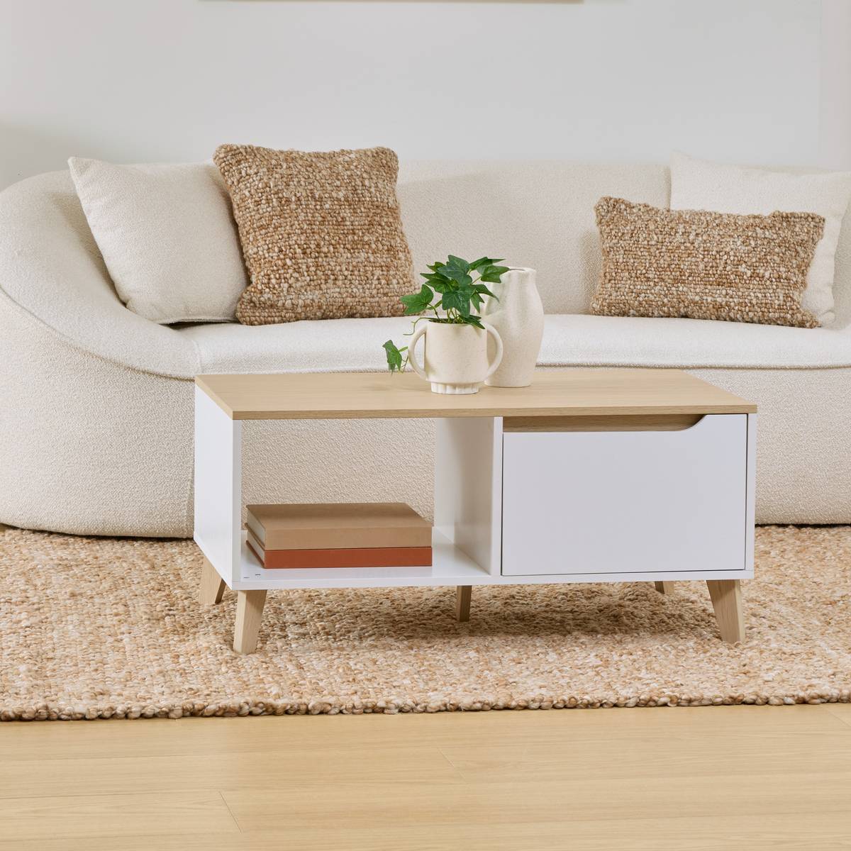 Table basse 1 tiroir 1 porte, 90x50 cm, blanc Luma