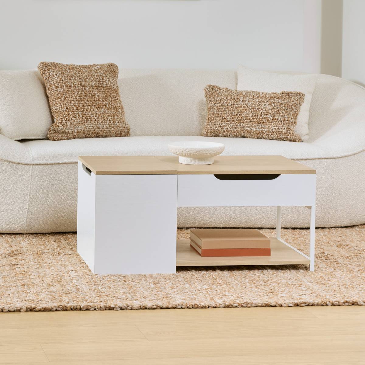 Table basse 1 tiroir 1 porte, 90x50 cm, blanc Luma