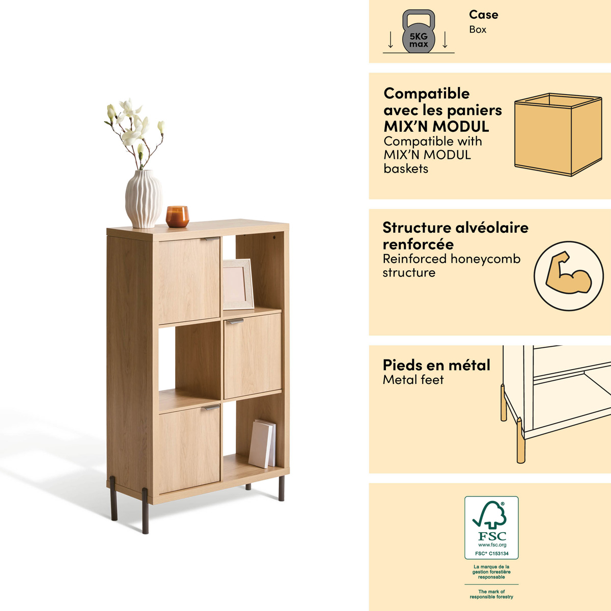 Étagère 6 cases, 74x32 cm, beige Alvo