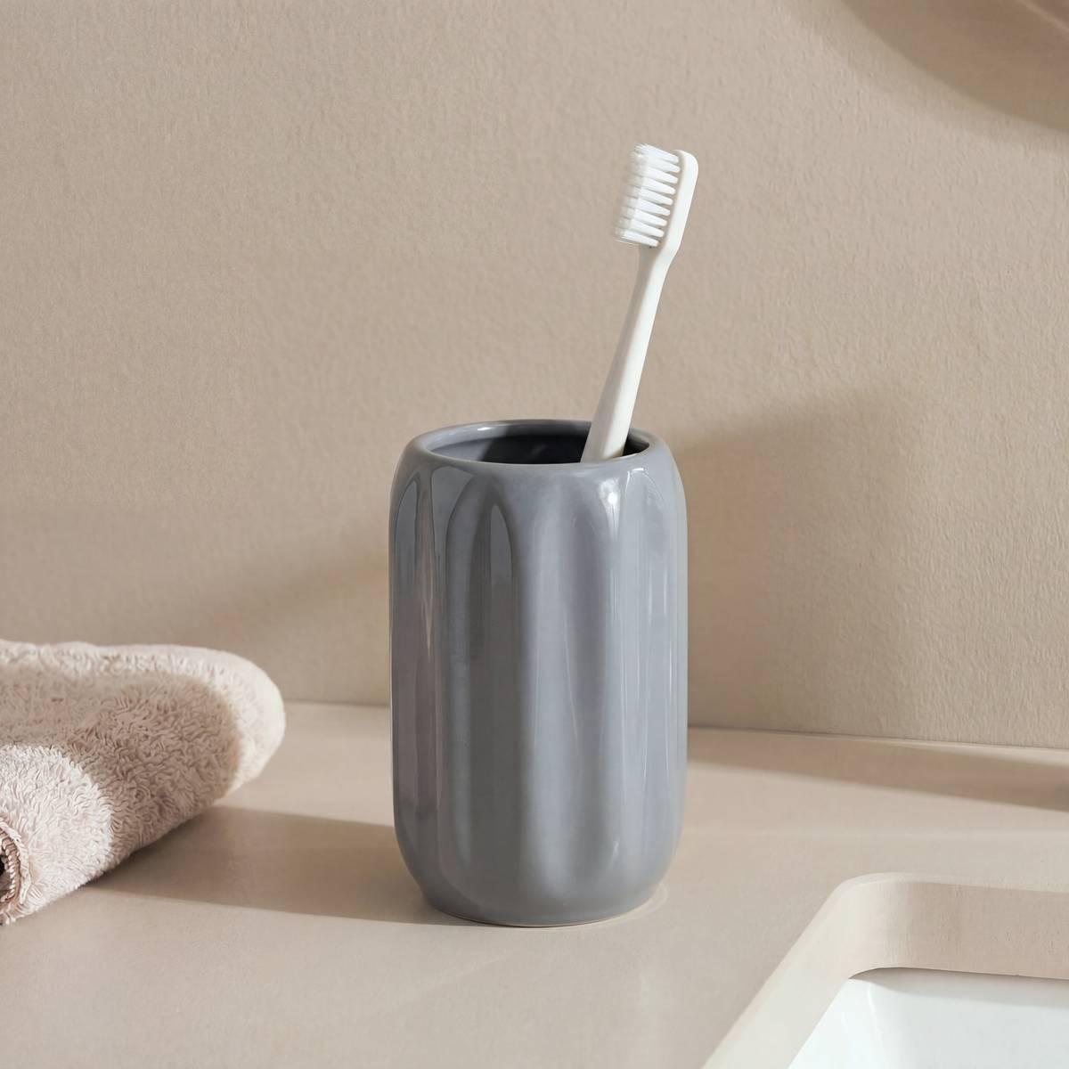 Porte-brosse à dents, d.8 x h.11,9 cm, grès, gris Colorama