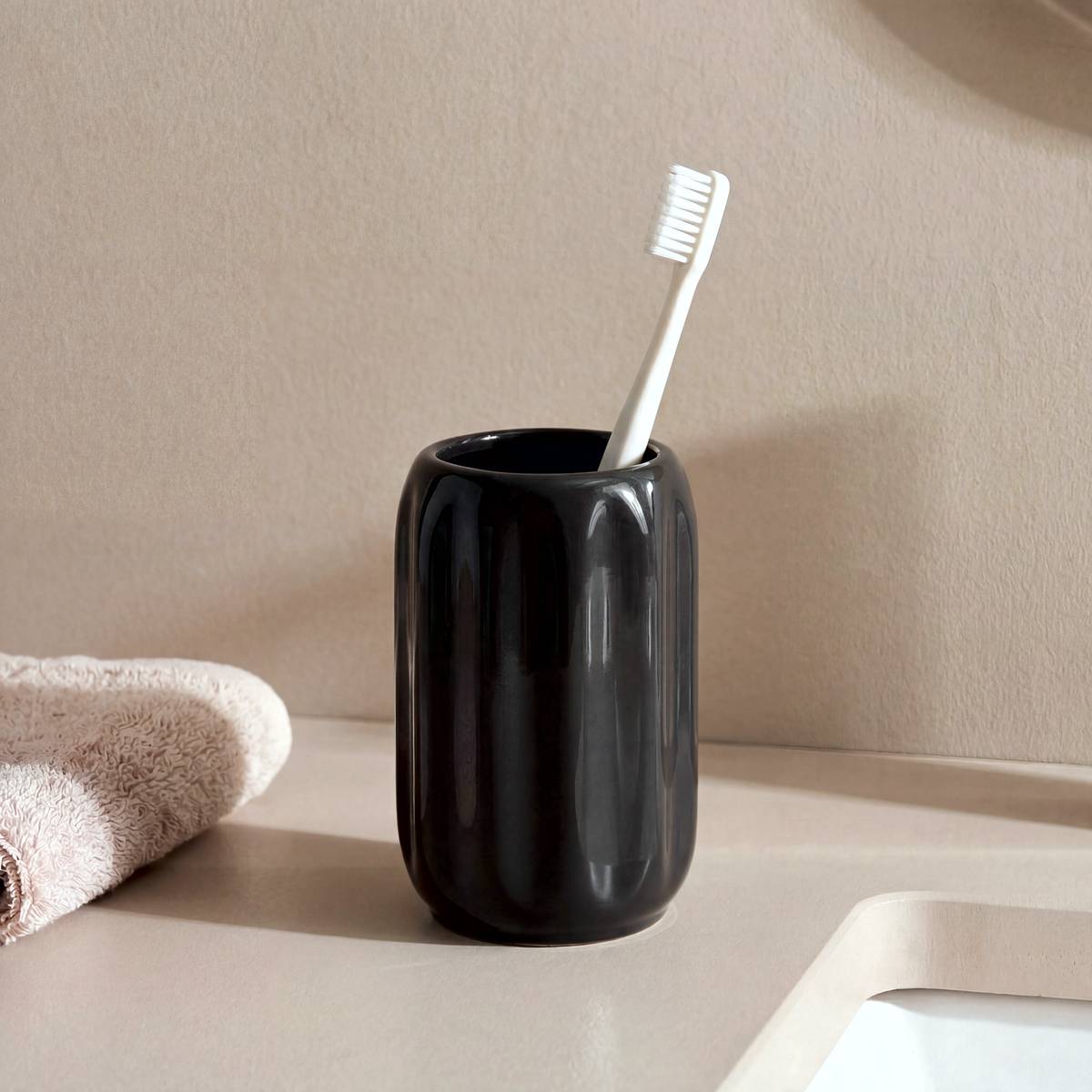 Porte-brosse à dents, d.8 x h.11,9 cm, grès, noir Colorama