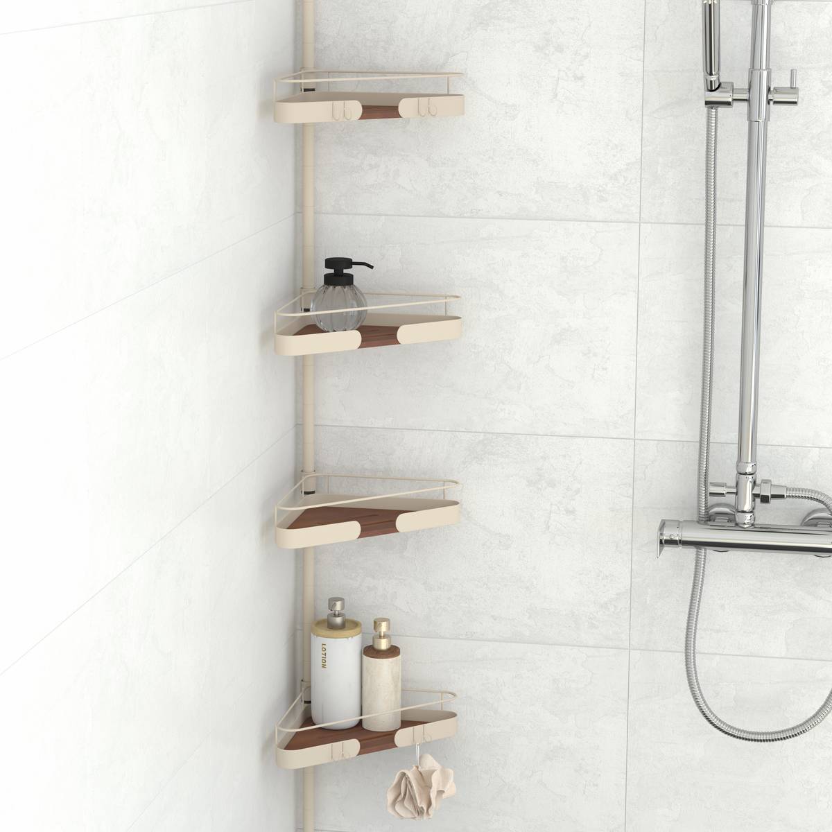 Étagère de douche téléscopique, 4 niveaux, beige Argileo
