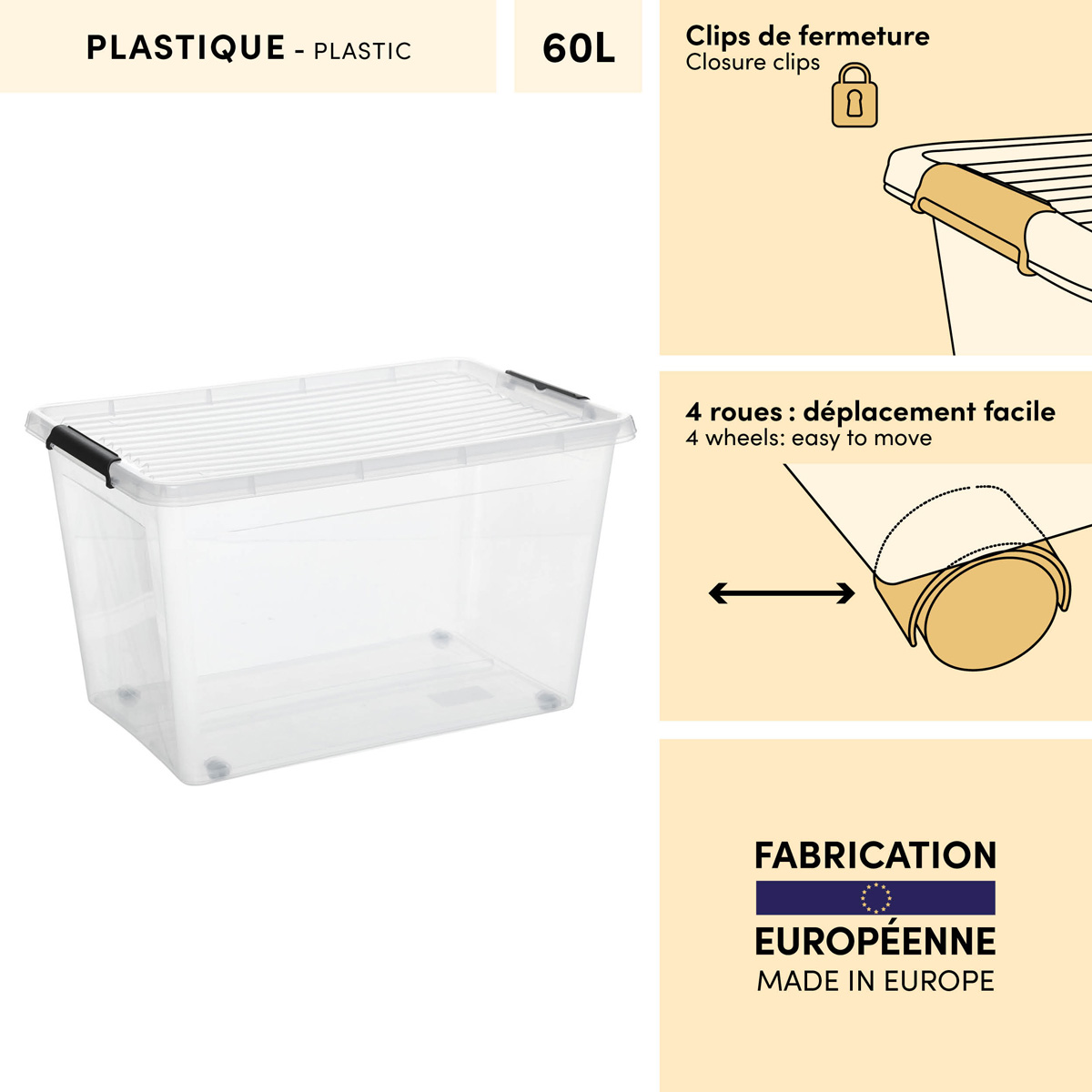 Boîte à roulettes, 60l, transparent