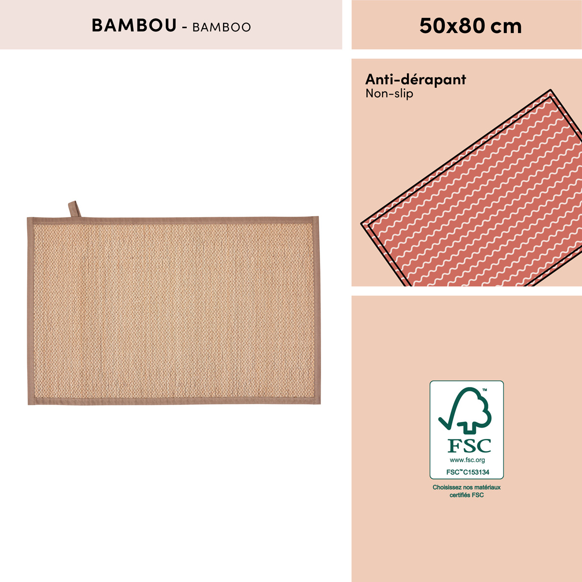 Tapis, bambou, 80x50 cm, beige Stemy