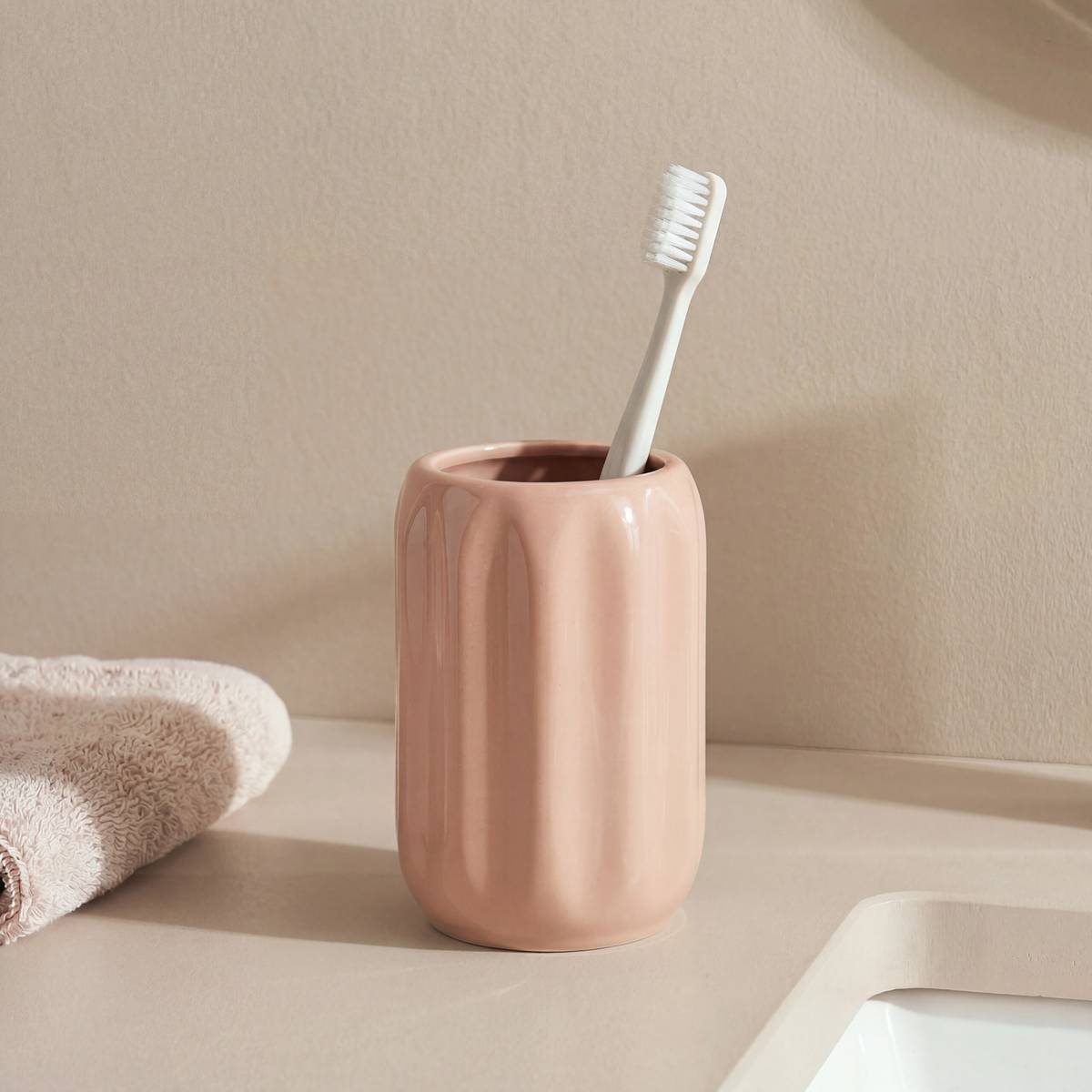 Porte-brosse à dents, d.8 x h.11,9 cm, grès, rose blush Colorama