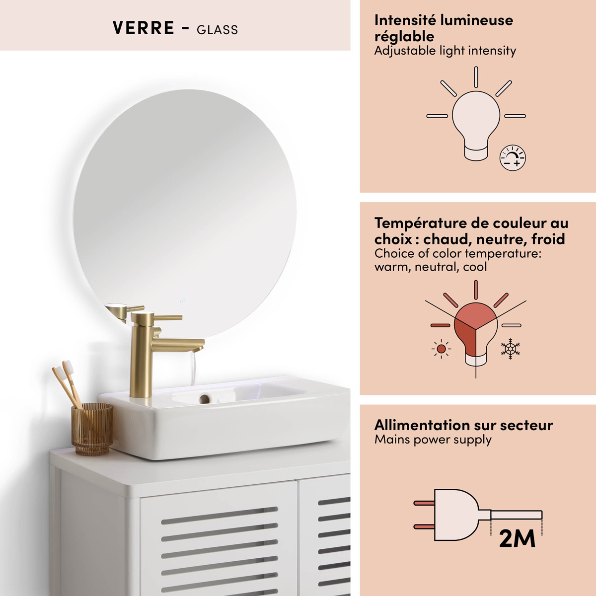 Miroir led, d.50 cm, argent Halo