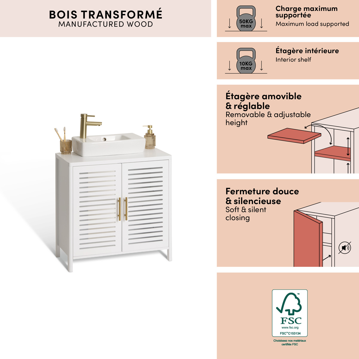 Meuble sous-lavabo 2 portes, 70x35 cm, blanc Orea