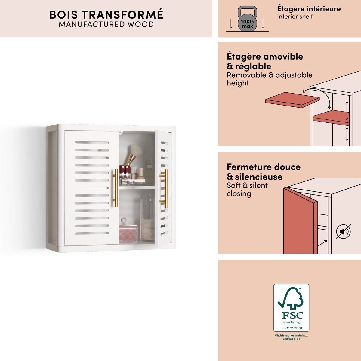 Meuble haut 2 portes, 50x20 cm, blanc Orea