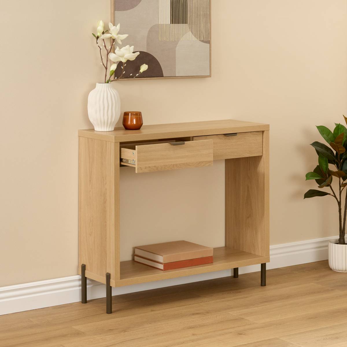 Console 2 tiroirs, 92,5x32 cm, beige Alvo