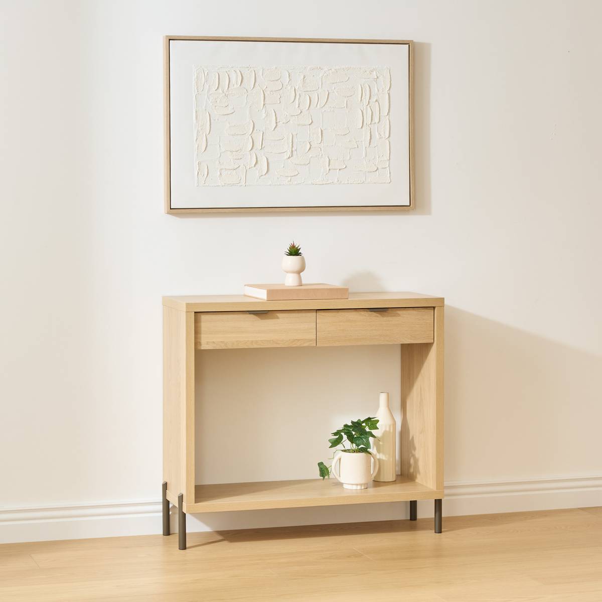Console 2 tiroirs, 92,5x32 cm, beige Alvo