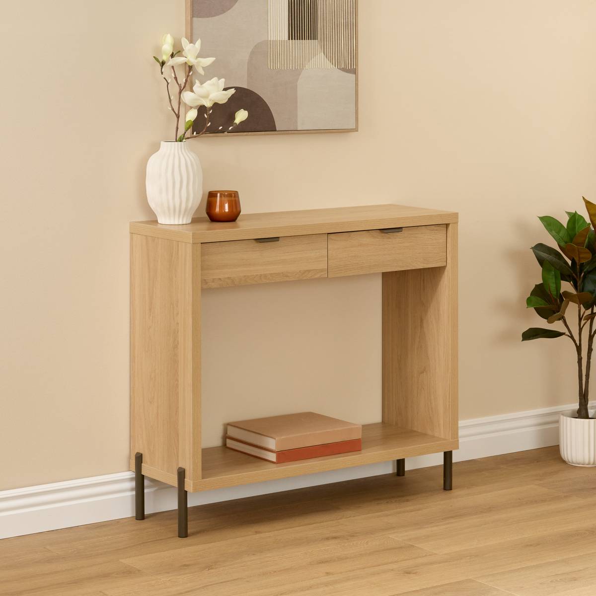 Console 2 tiroirs, 92,5x32 cm, beige Alvo