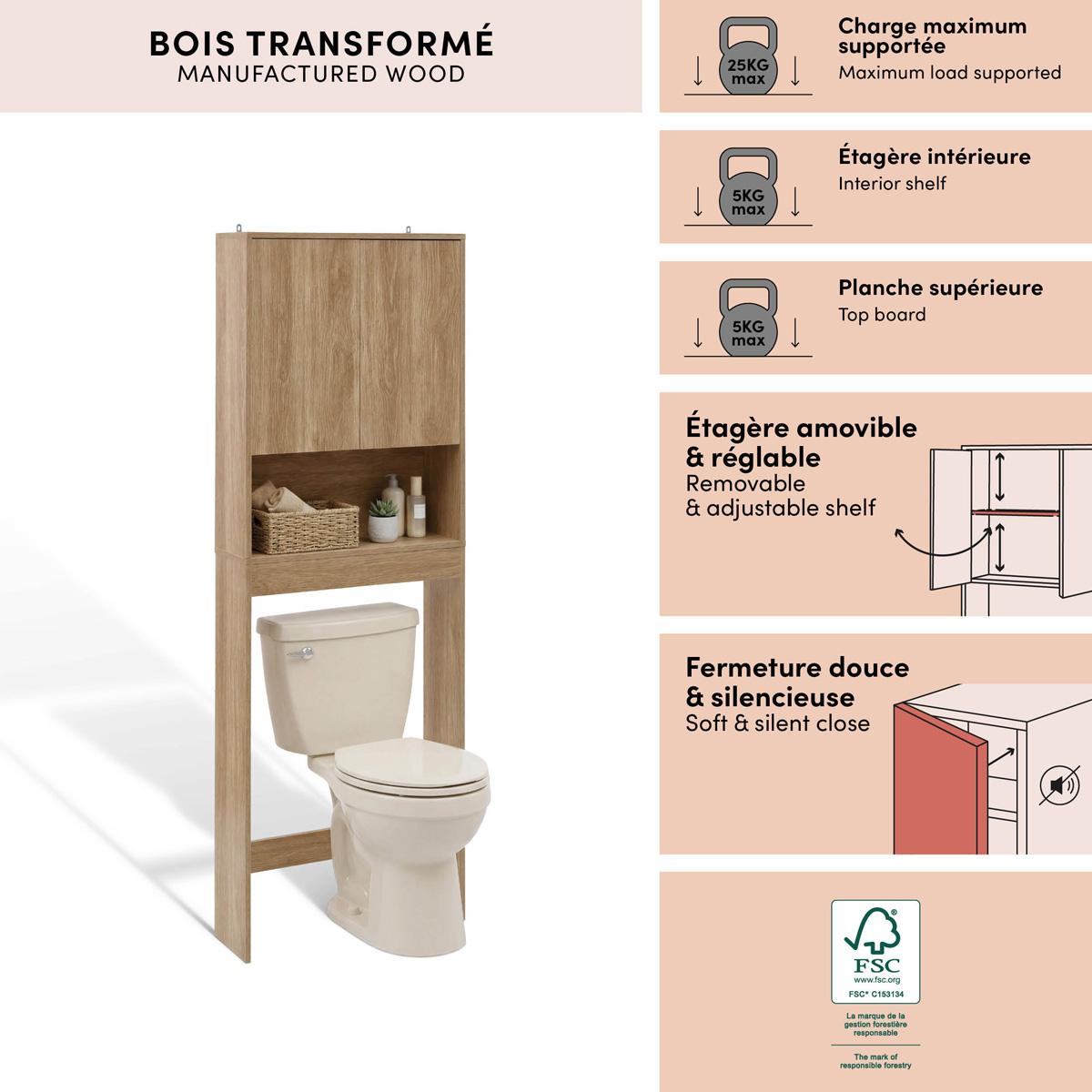 Meuble wc 2 portes 1 étagère, 63x20 cm, beige