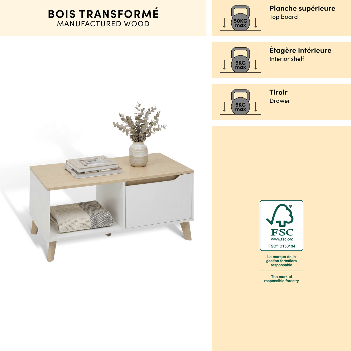 Table basse 1 porte, 90x48 cm, blanc Luma