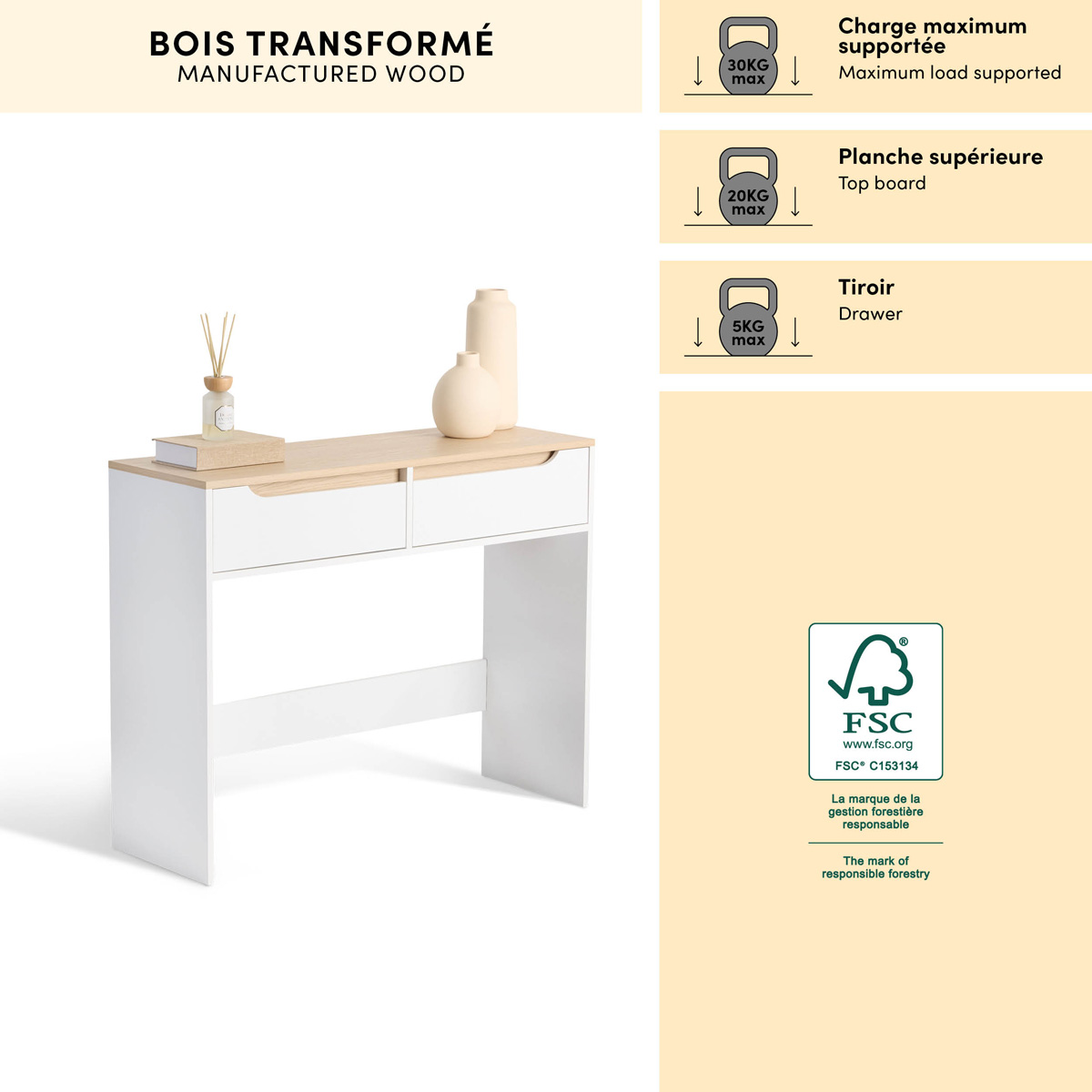 Console 2 tiroirs, 100x34 cm, blanc