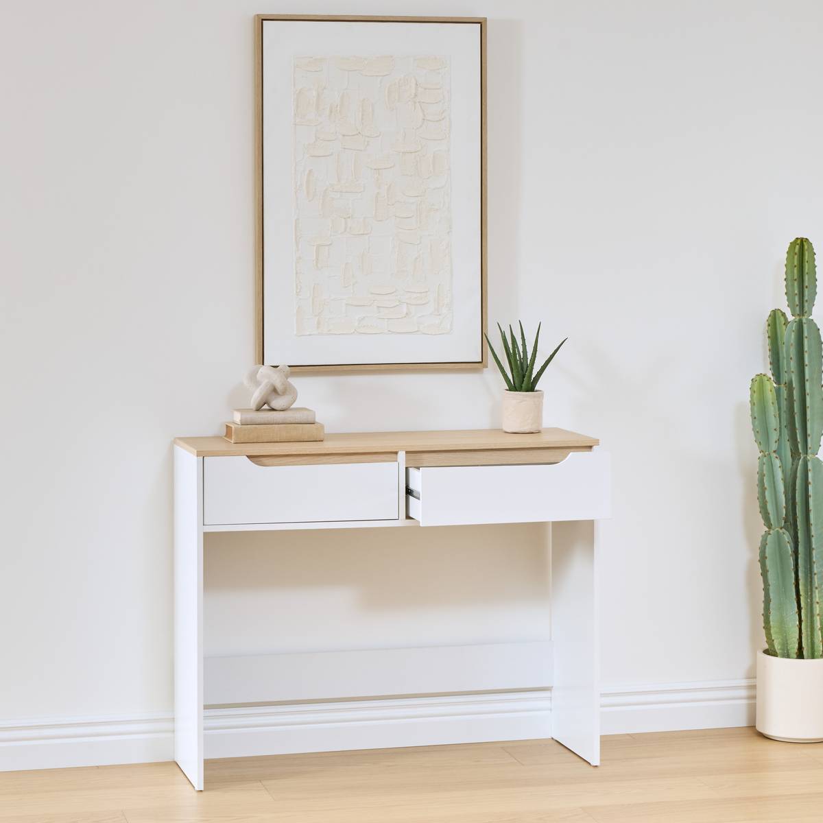 Console 2 tiroirs, 100x34 cm, blanc