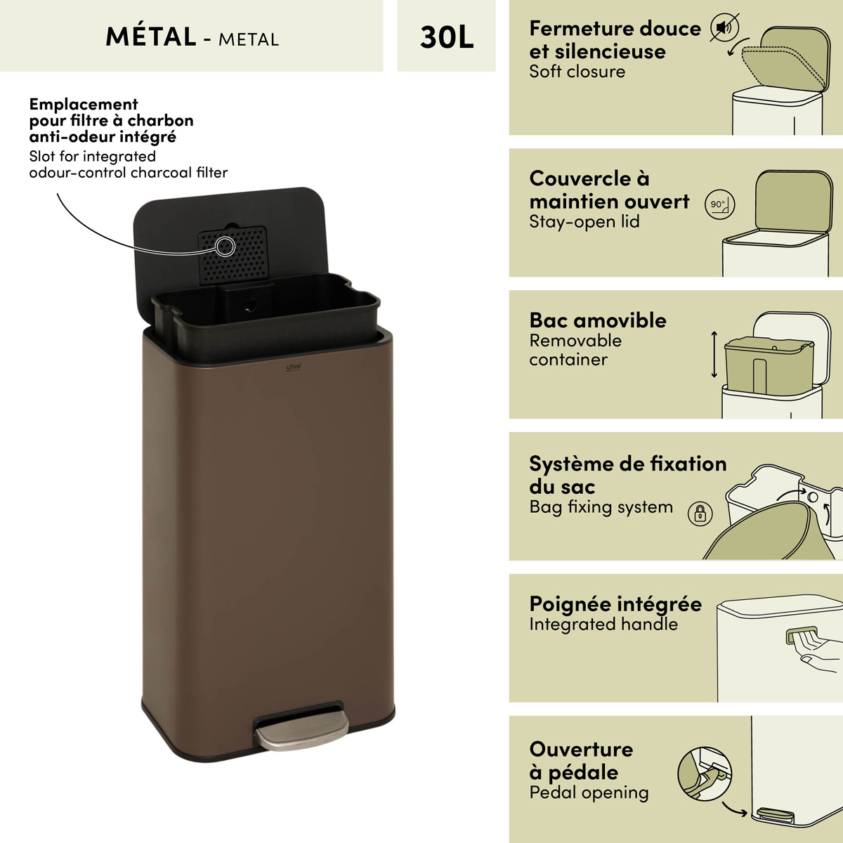 Poubelle manuelle, 30l, chocolat Delta