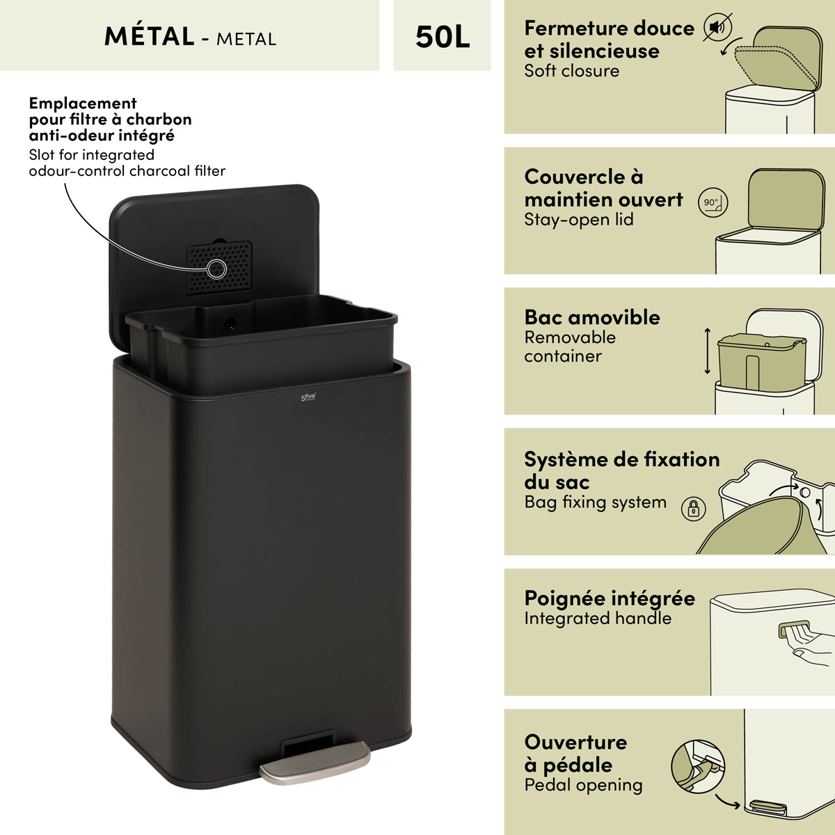 Poubelle manuelle, 50l, noir