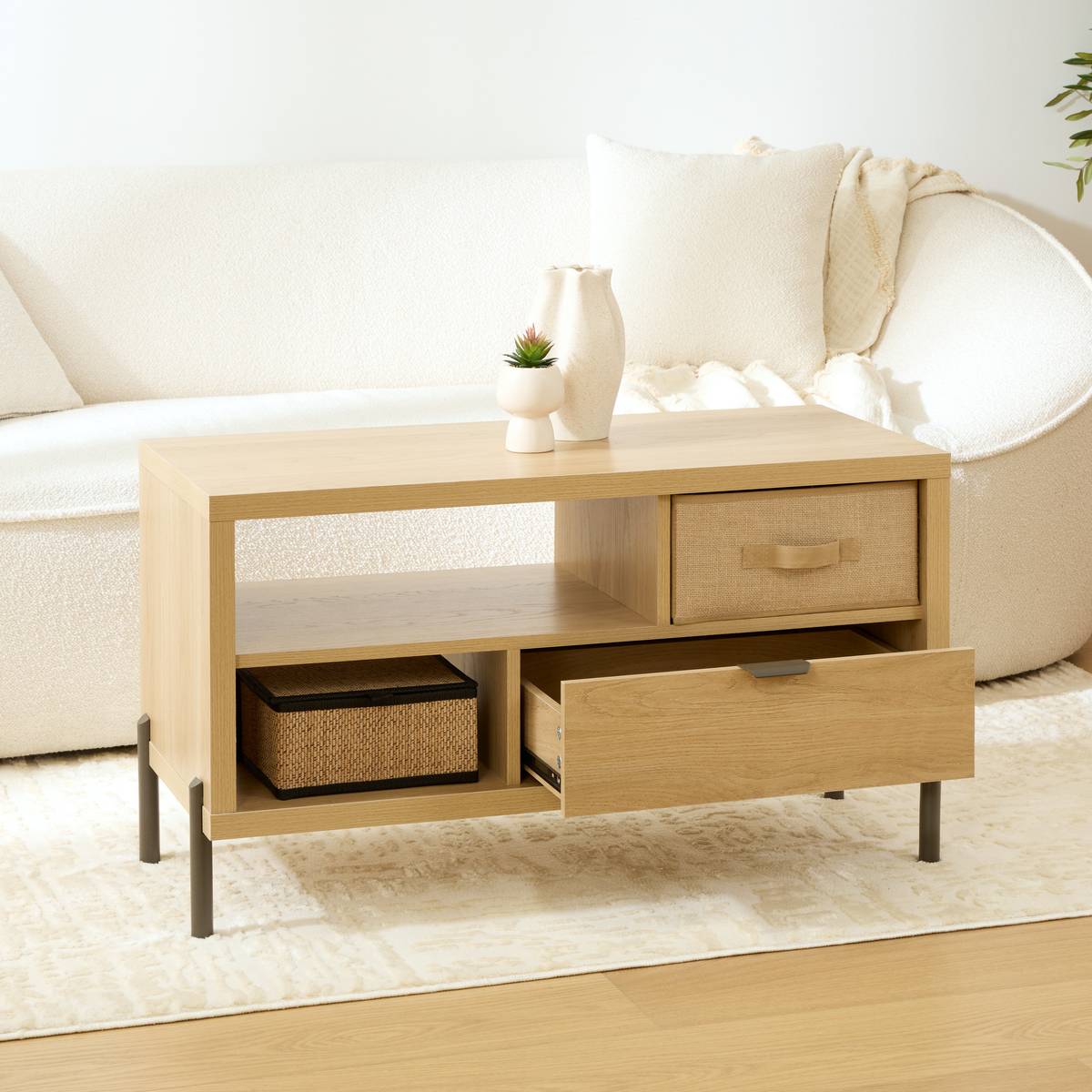 Table basse 1 tiroir, 92,5x39,5 cm, beige Alvo