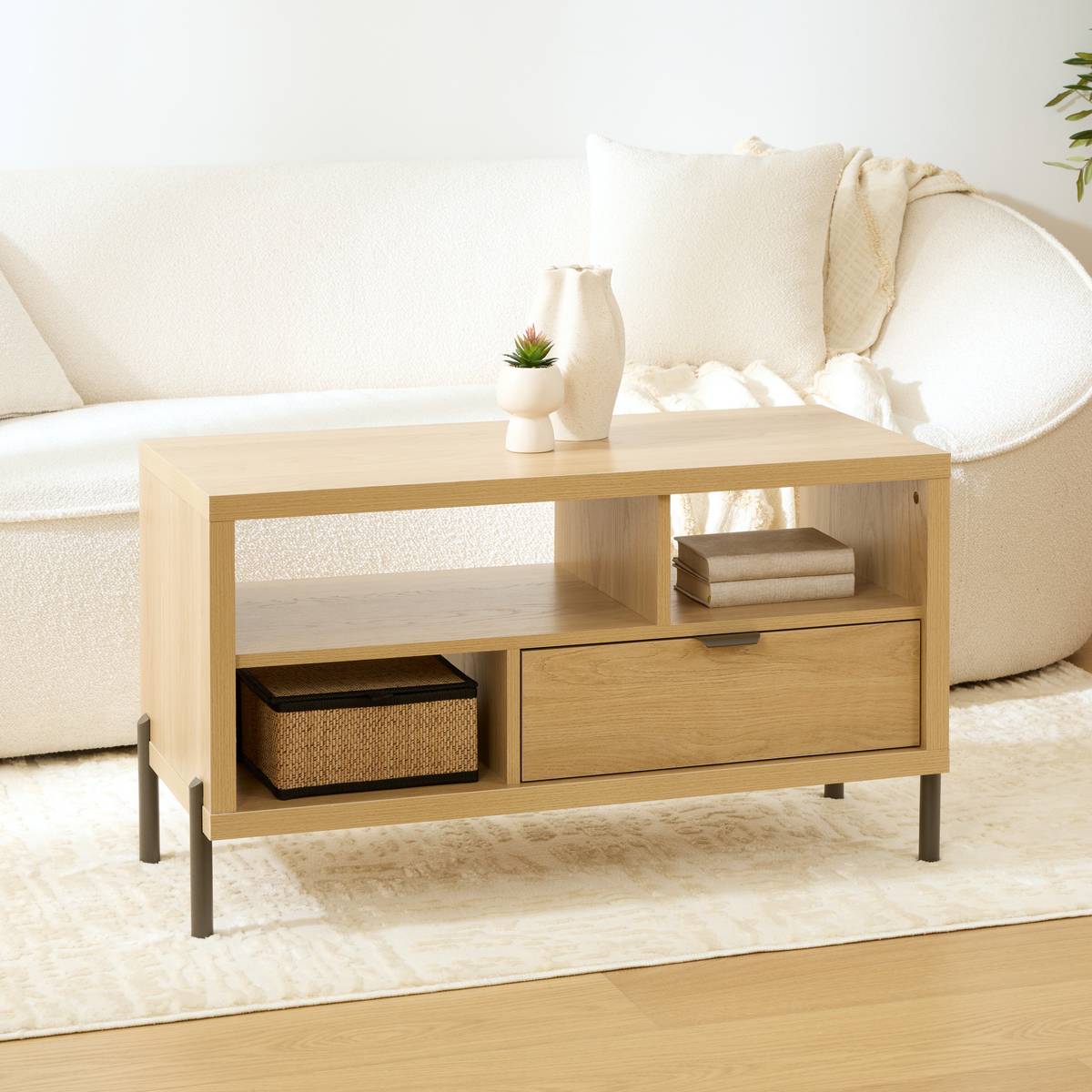 Table basse 1 tiroir, 92,5x39,5 cm, beige Alvo