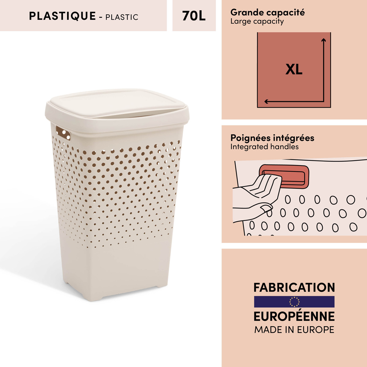 Corbeille à linge, 70l, argile