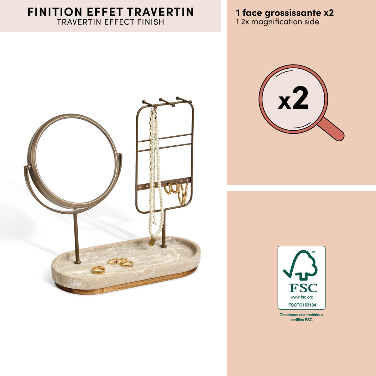 Miroir porte-bijoux, 27x25,5 cm, beige