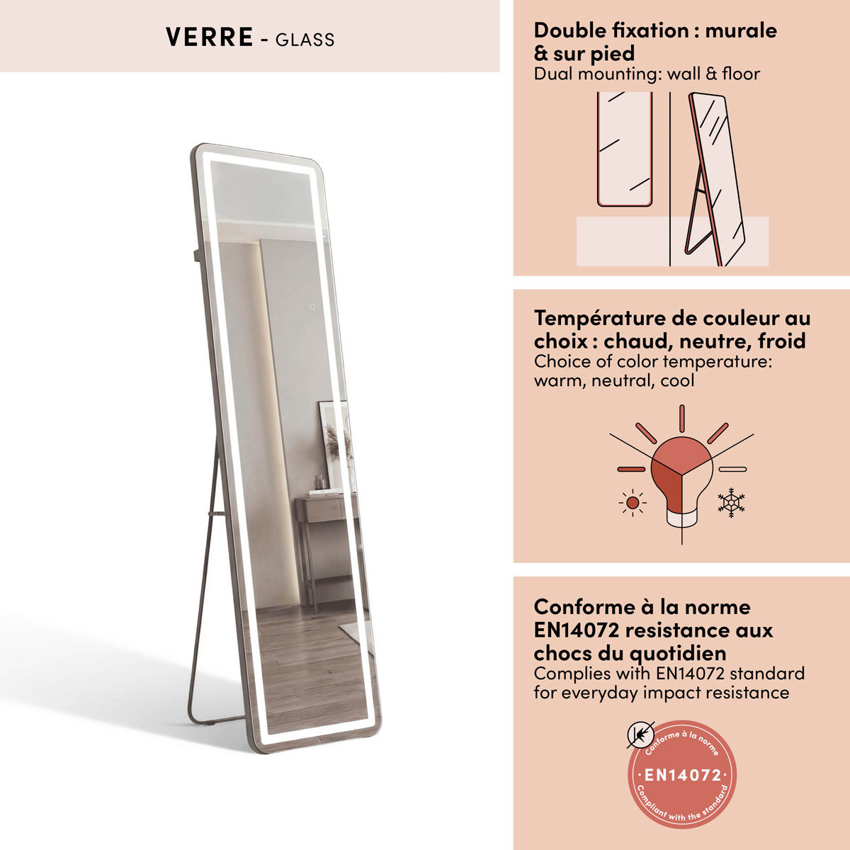 Miroir led, 40x150 cm, argent