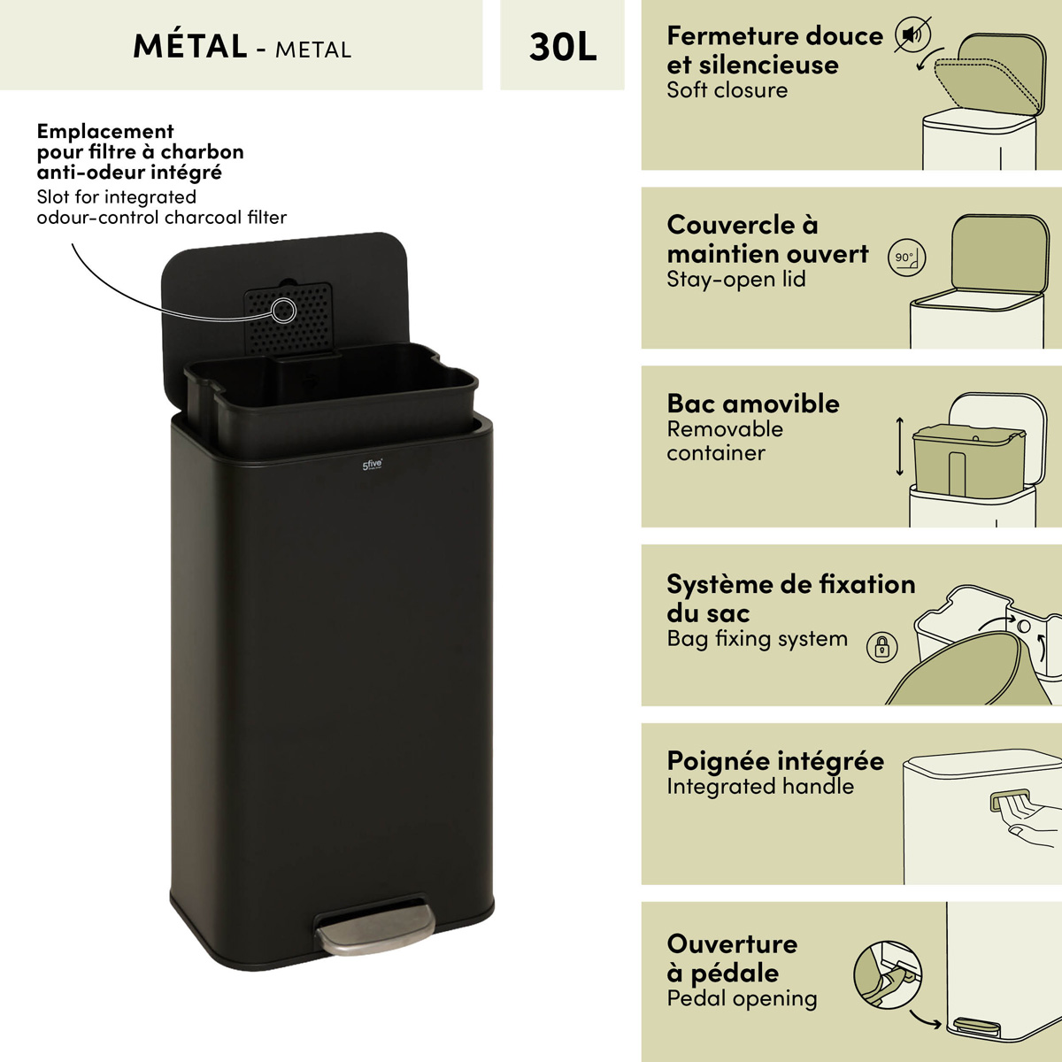 Poubelle manuelle, 30l, noir