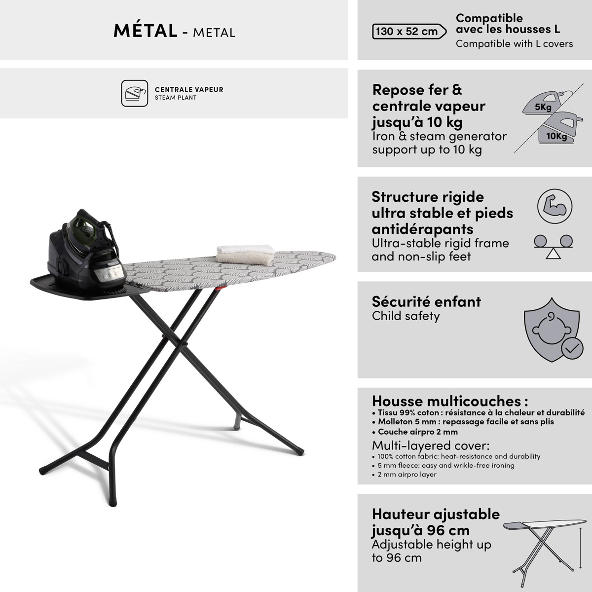Table à repasser, l.130 cm, noir