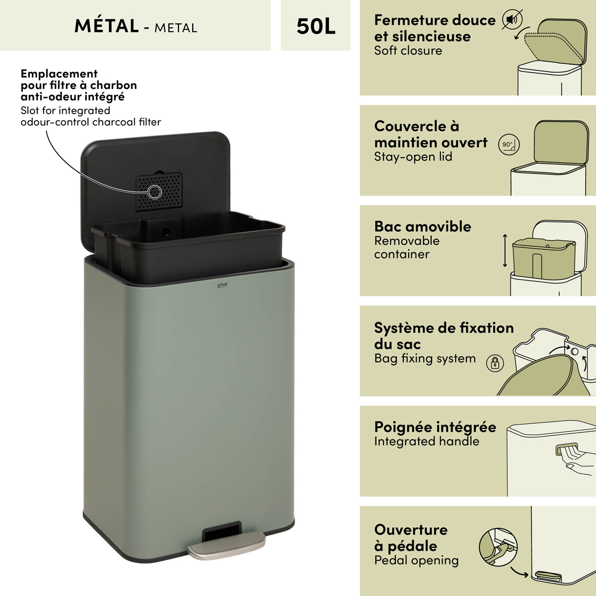 Poubelle manuelle, 50l, vert Delta