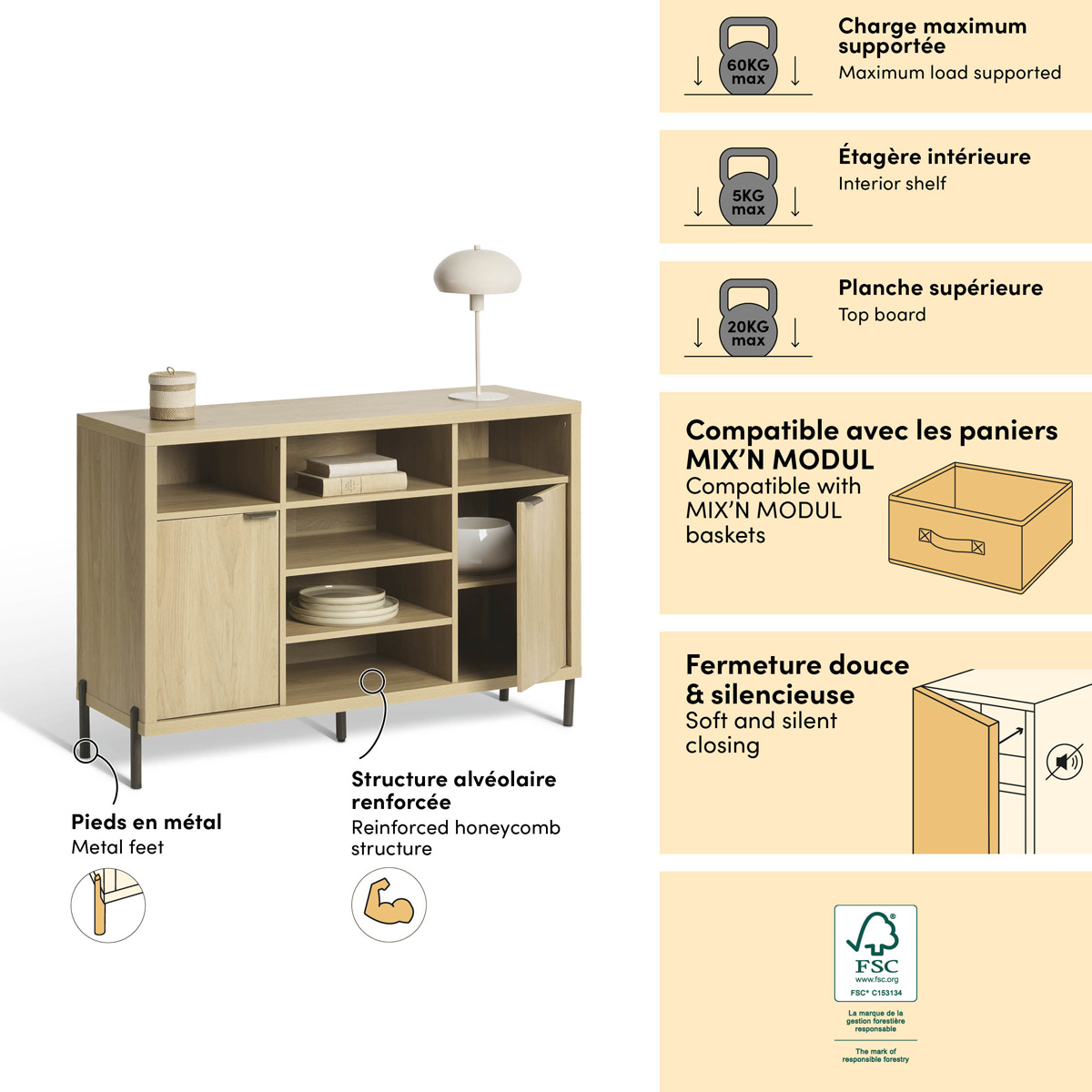 Buffet 2 portes, 120,5x39,5 cm, beige