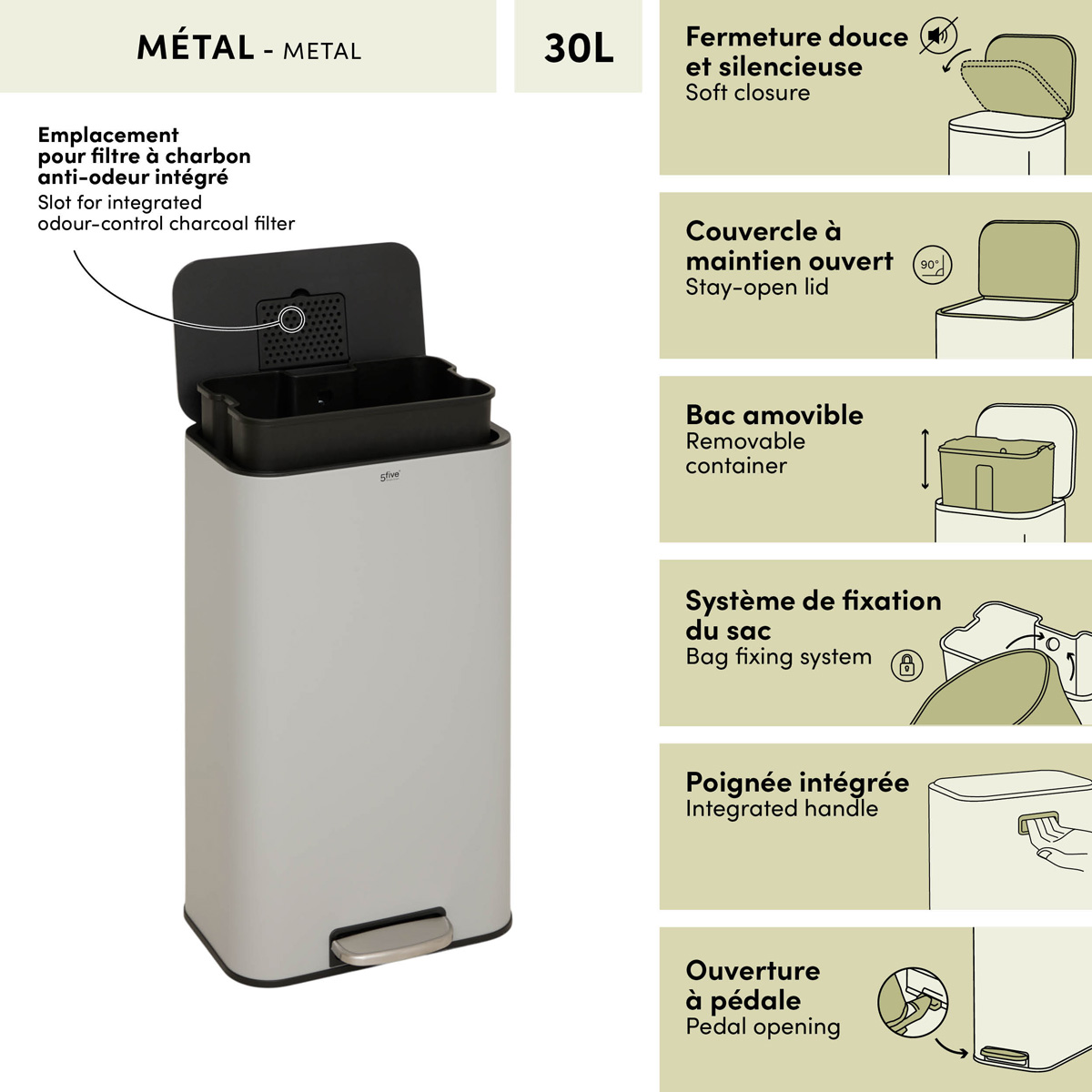 Poubelle manuelle, 30l, gris charbon Delta