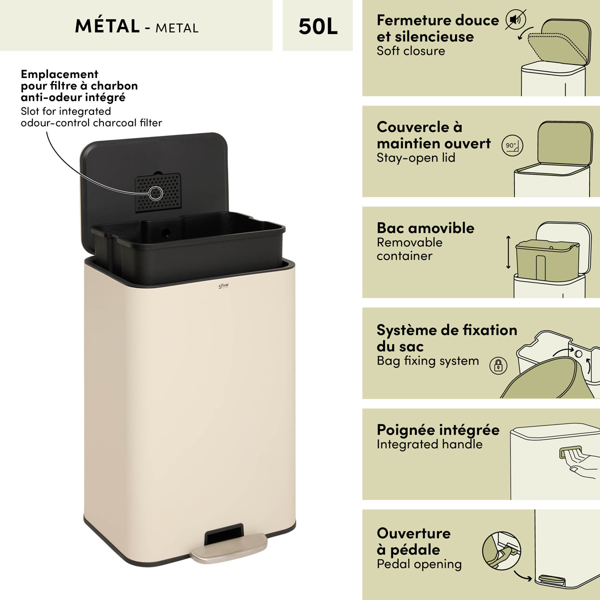 Poubelle manuelle, 50l, argile