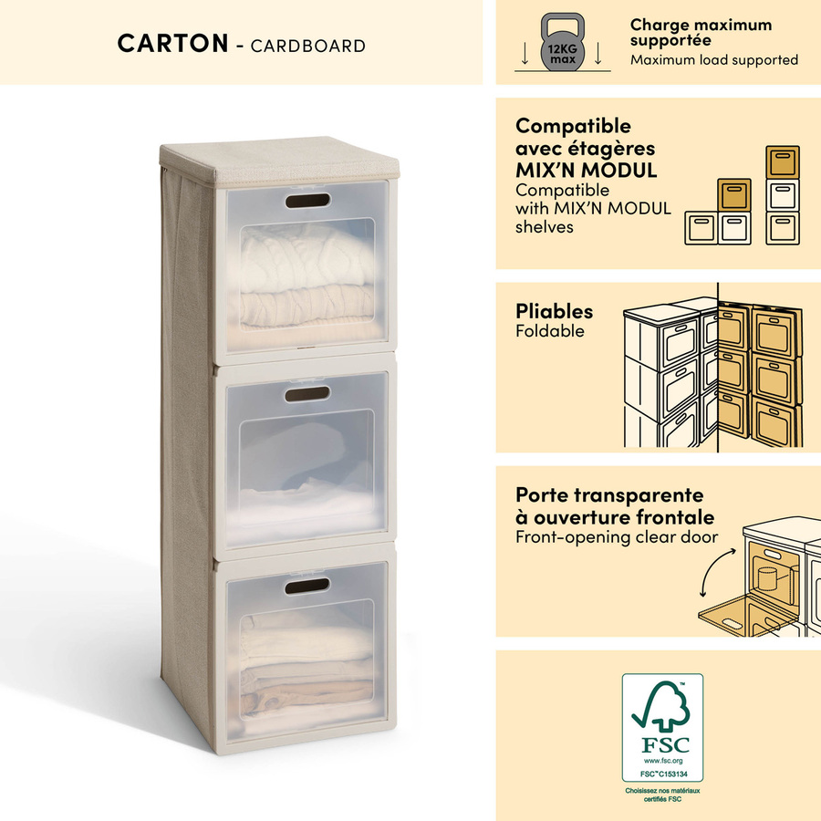Rangement 3 cases, 30,5x30,5 cm, beige Cube'n door