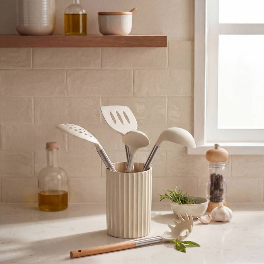 Set pot et 5 ustensiles, d.6,2 cm, crème Equilibre
