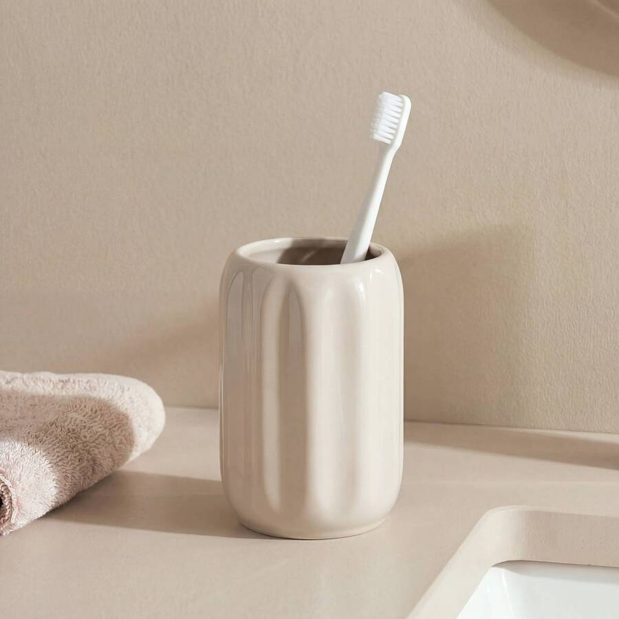 Porte-brosse à dents, d.8 x h.11,9 cm, grès, beige lin Colorama