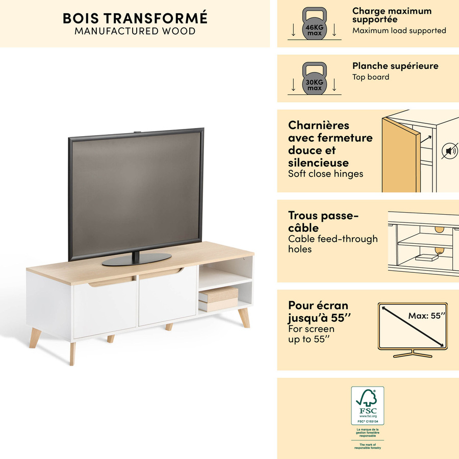 Meuble tv 2 portes, 120x40 cm, blanc Luma
