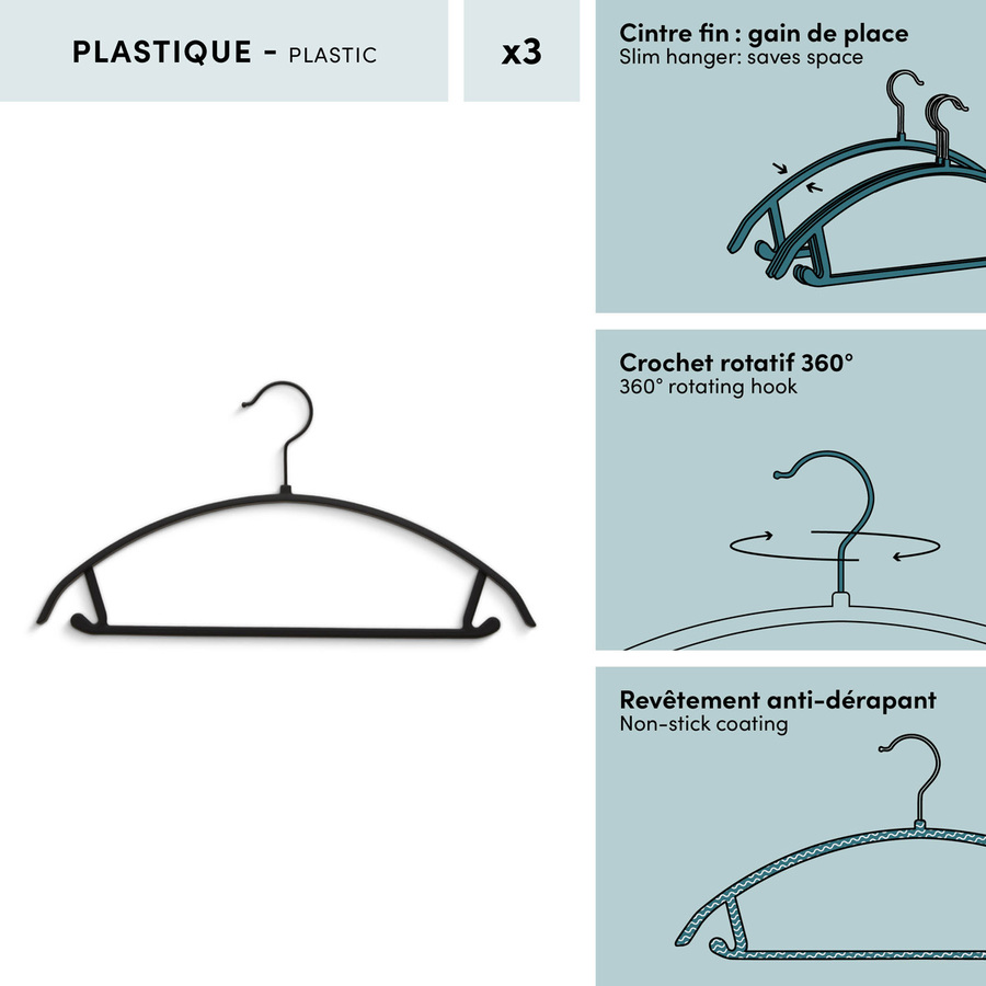 Lot de 3 cintres, l.41 cm, noir Hang'up
