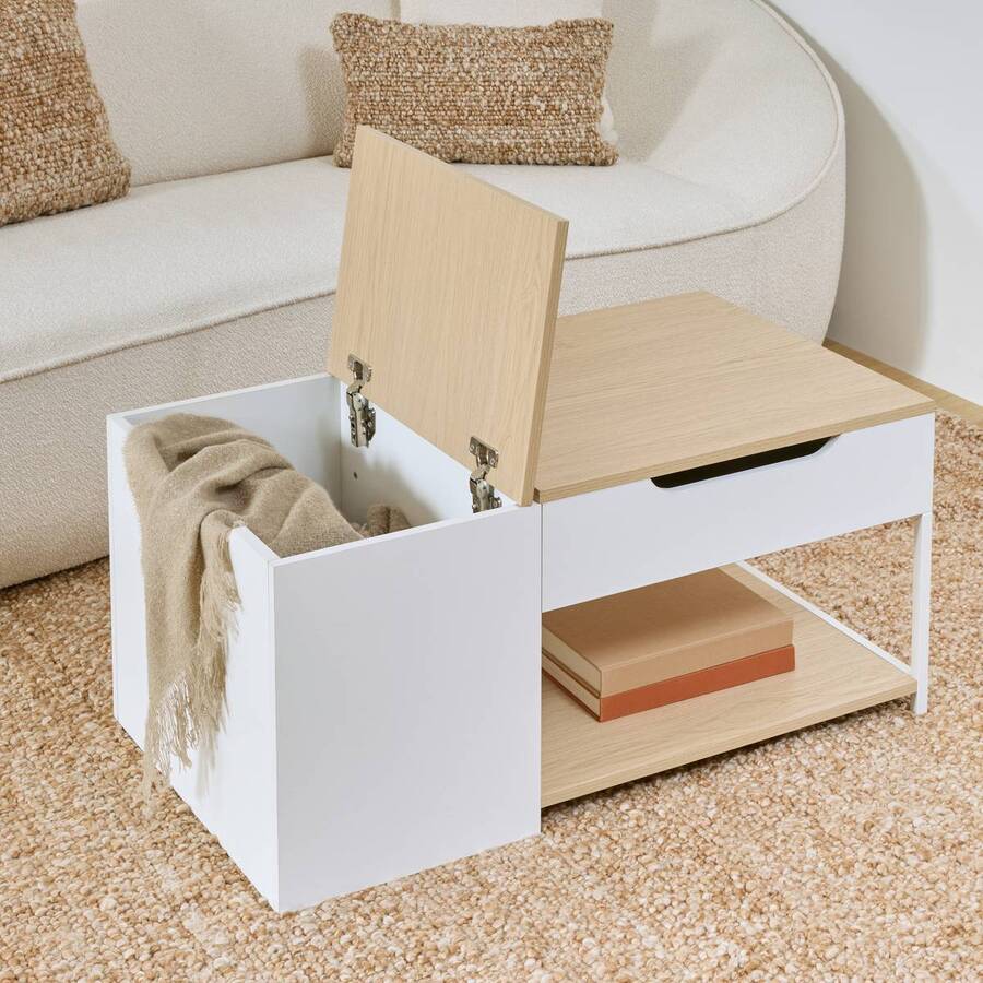 Table basse 1 tiroir 1 porte, 90x50 cm, blanc Luma
