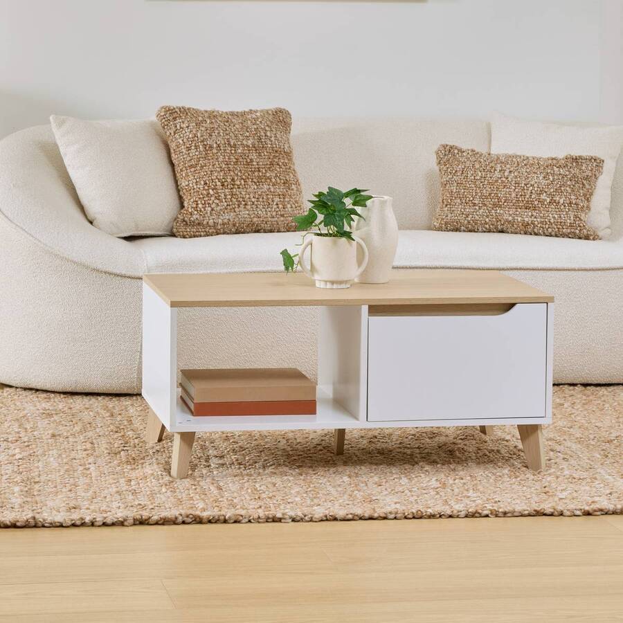 Table basse 1 tiroir 1 porte, 90x50 cm, blanc Luma