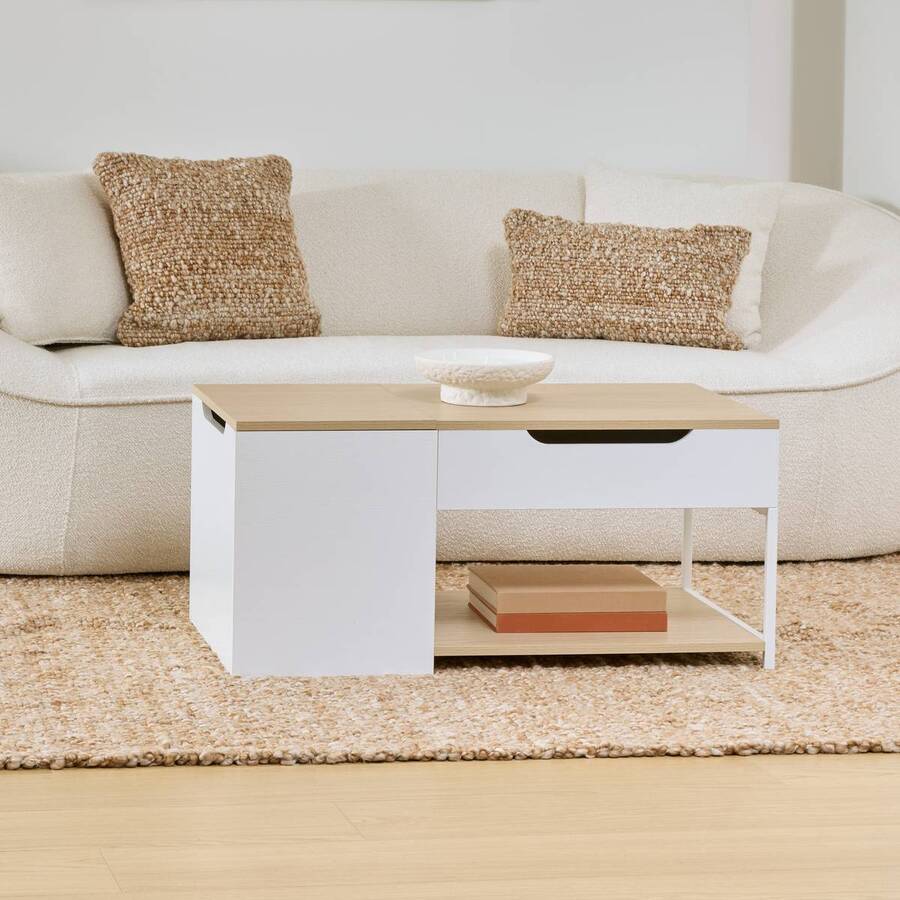 Table basse 1 tiroir 1 porte, 90x50 cm, blanc Luma