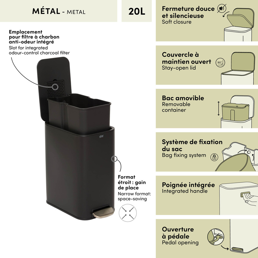 Poubelle manuelle slim, 20l, noir Delta