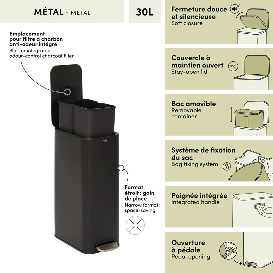 Poubelle manuelle slim, 30l, noir Delta